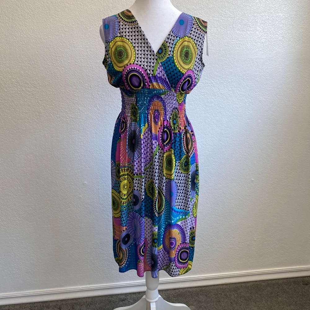 NEW MIDI Boho Dress Sleeveless Smock Waist Multi Blue Purple Yellow Size XXL